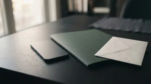 Telefon obok zamkniętej teczki i neutralnych dokumentów na biurku