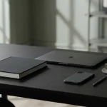 Neutralna księga rozliczeń obok laptopa i telefonu na ciemnym biurku