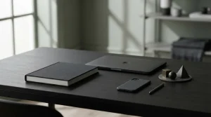 Neutralna księga rozliczeń obok laptopa i telefonu na ciemnym biurku